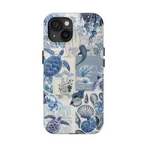 Blue Ocean Collage Turtle & Seashell Print Phone Case for iPhone 17 Pro Max / 16 Pro Max / 15 Pro Max / 14 Pro Max / 13 Pro Max