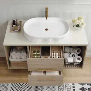 Modern 38.2 Wall-Mounted Bathroom Vanity with Oval Ceramic Sink Floating Vanity Multi-Layer Solid Wood Cabinet Soft-Close Drawers Open Shelf Storage
