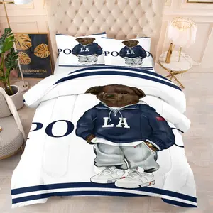 Teddy bear printed pattern bedding set, including 1 blanket and 1 or 2 pillowcases without pillowcases, soft children's or adult bedroom decoration gift, Soft bedding sets