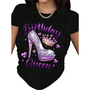 Birthday Queen Graphic Tee Women's Casual Round Neck T-Shirt with Sparkling Purple High Heel & Crown Design Black Polyester Blend Top for Birthday Celebrations Y2K Style Summer Wear