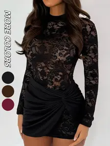 Women's Plain Lace Long Sleeve Fitted Dress Set, Sexy Style Fall Fashion, Perfect for Casual Wear, Comfortable and Stylish