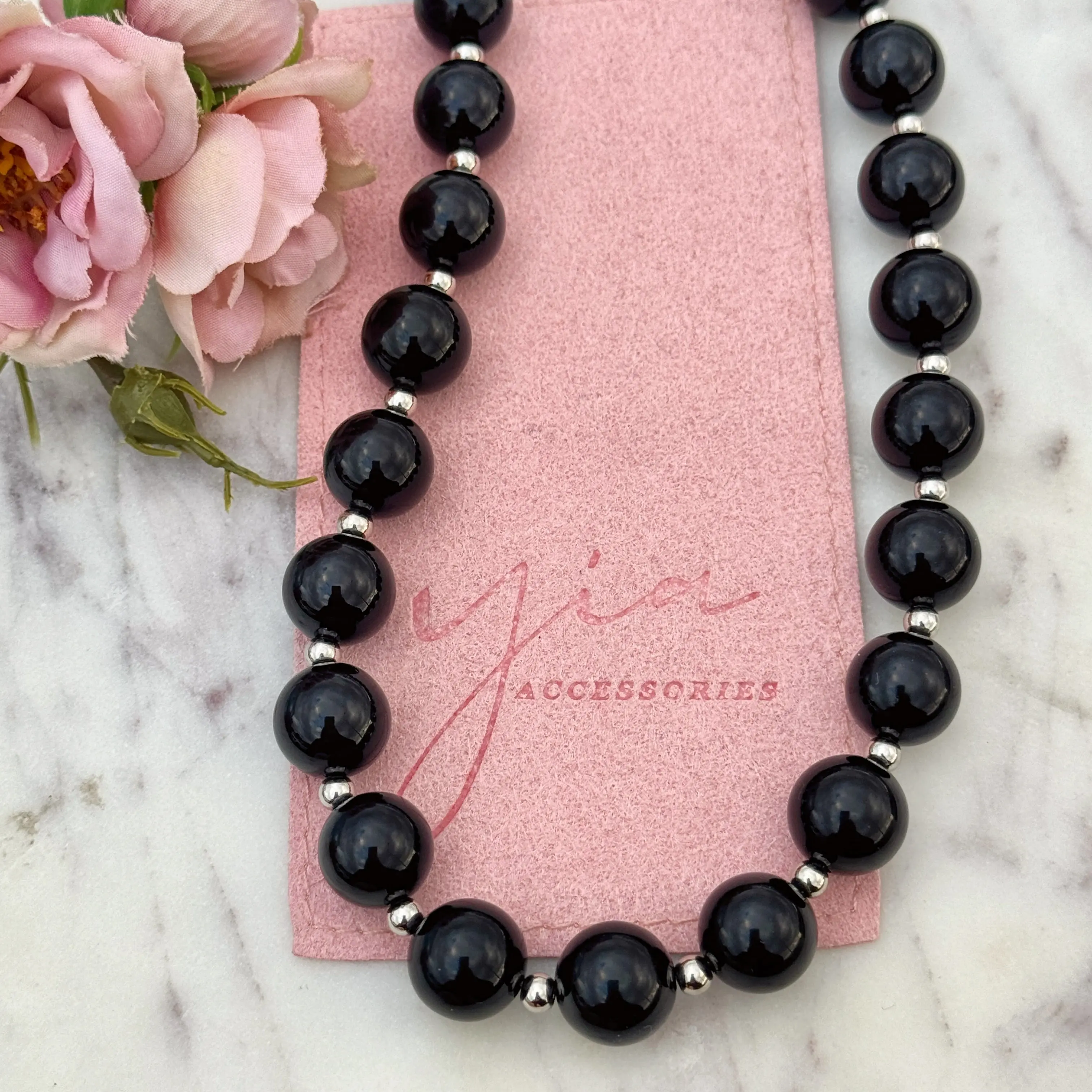 Gold Filled Layered Chain Necklace with Chunky Black Onyx Beads, 17-19 Inch Adjustable Chain Jewelry for Women, Beaded Necklace, Chain Jewelry Necklaces