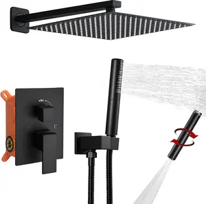 BESy Wall-Mounted High-Pressure 12x12 in Rain Shower System with 2-in-1 Handheld Showerhead, Bathroom Faucet Fixture Shower Head Combo Set