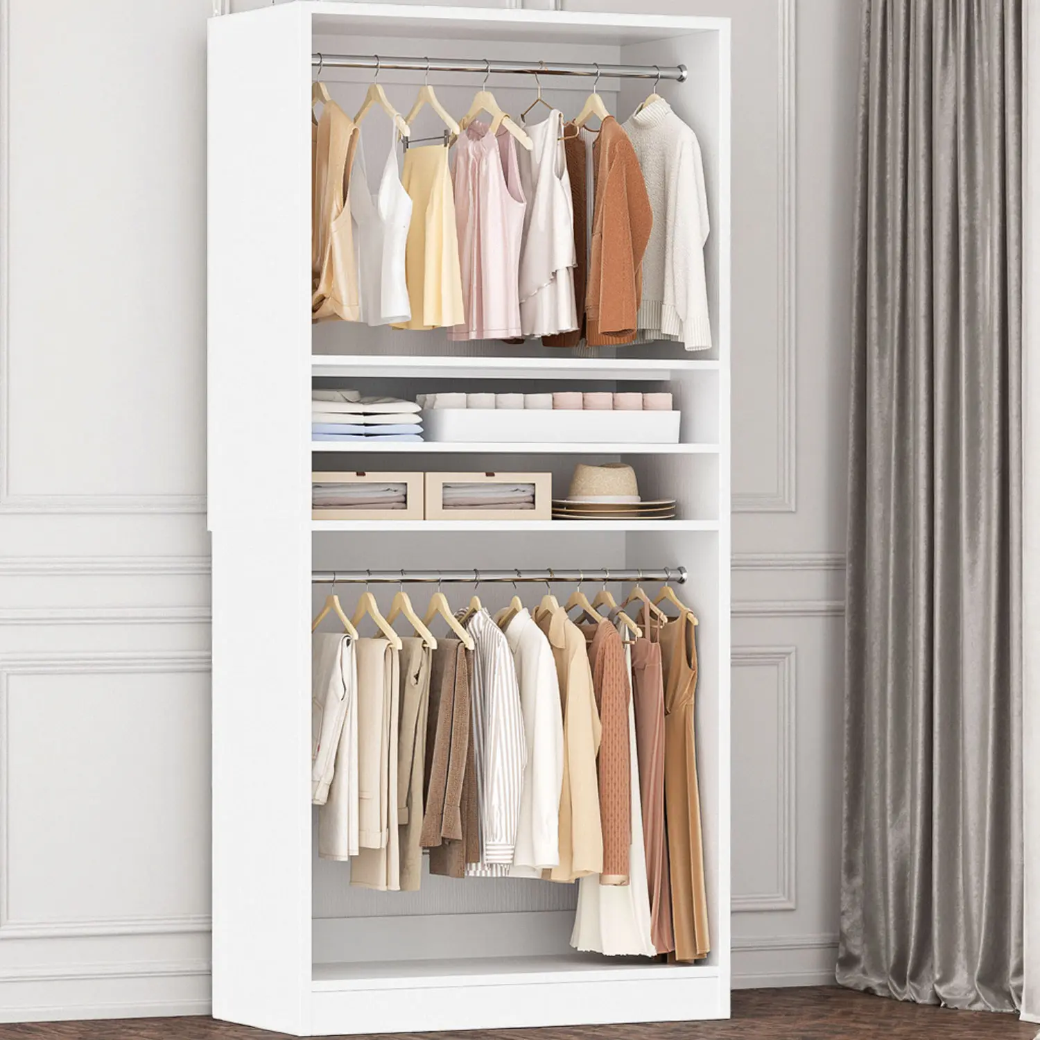 3FT Freestanding Closet System with 2 Hanging Rods & Adjustable Shelve, 36'' Wood Closet Organizer System, Clothes Garment Rack, Sturdy Walk-in Closet Tower, Easy Assembly, Hold 800LBS