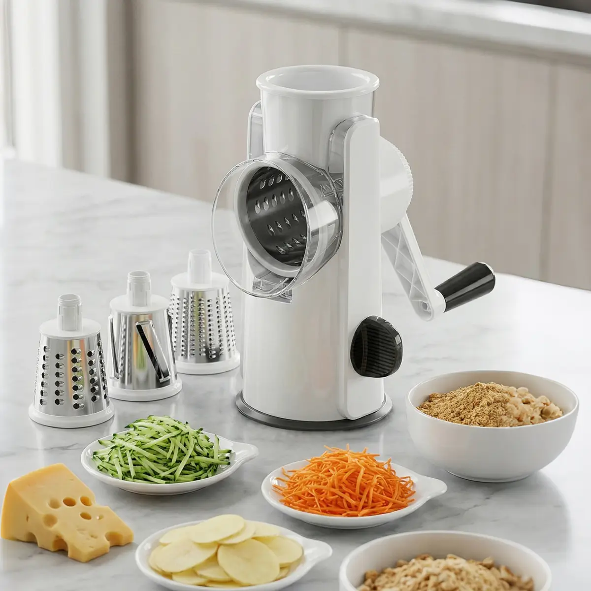 Easy To Clean Vegetable Slicer Shredder Set Strong Suction Cup 5-in-1 Manual Rotary Cheese Grater With Handle Interchangeable Blades Rotary vegetable slicer