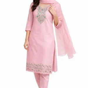 Beautiful Salwar Kamiz Suit for Women Kurta Set 3 Pieces Cotton Fabric with Embroidery Work High Quality