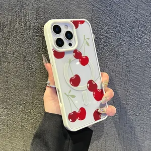 Phone case for iPhone 16 Pro Max 15 Plus 14 13 12 11 XS Max XR X Cherry Pattern Non-Yellowing Transparent Anti-Scratch Shockproof Pocket-Friendly Durable MagSafe Case with Charging Cellphone Cover Gift