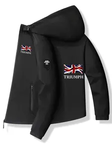 British Flag Letter Hooded Jacket, Polyester Fabric, Stylish Print Design, Casual Slim Fit, Spring & Fall Fashion Outerwear