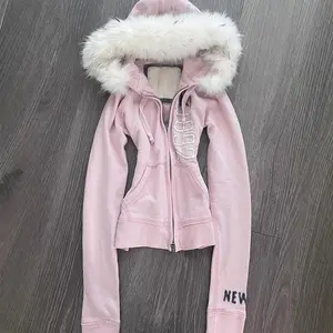 Vintage American Pink Faux Fur Hooded Sweatshirt Cinch Waist Y2K Cropped Sweater Alternative Outerwear Can be used with raincoat