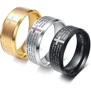 Men's Stainless Steel Wedding Band with Christian Bible Verse Lord's Prayer Cross Engraved Prayer Silver Finish Popular Faith Accessory