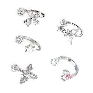 HERVAY 16G/10MM 316L Stainless Steel Lip Ring - Pink White Crystal (Heart/Butterfly/Star/Diamond/Bat) - Labret/Helix/Medusa Studs - Hypoallergenic Unisex Body Jewelry