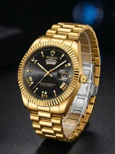 A men's black dial watch with gold steel strap, Roman numeral markers, dual calendar display, simple and stylish, versatile for the workplace, suitable for young people, Analog Quartz Watch