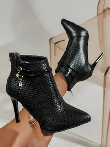 Women's Pointed Toe Rhinestone Buckle Back Zip Thin Heel Boot Heels Short Boots, Autumn Winter Trendy Elegant PU Ankle Boot, Black