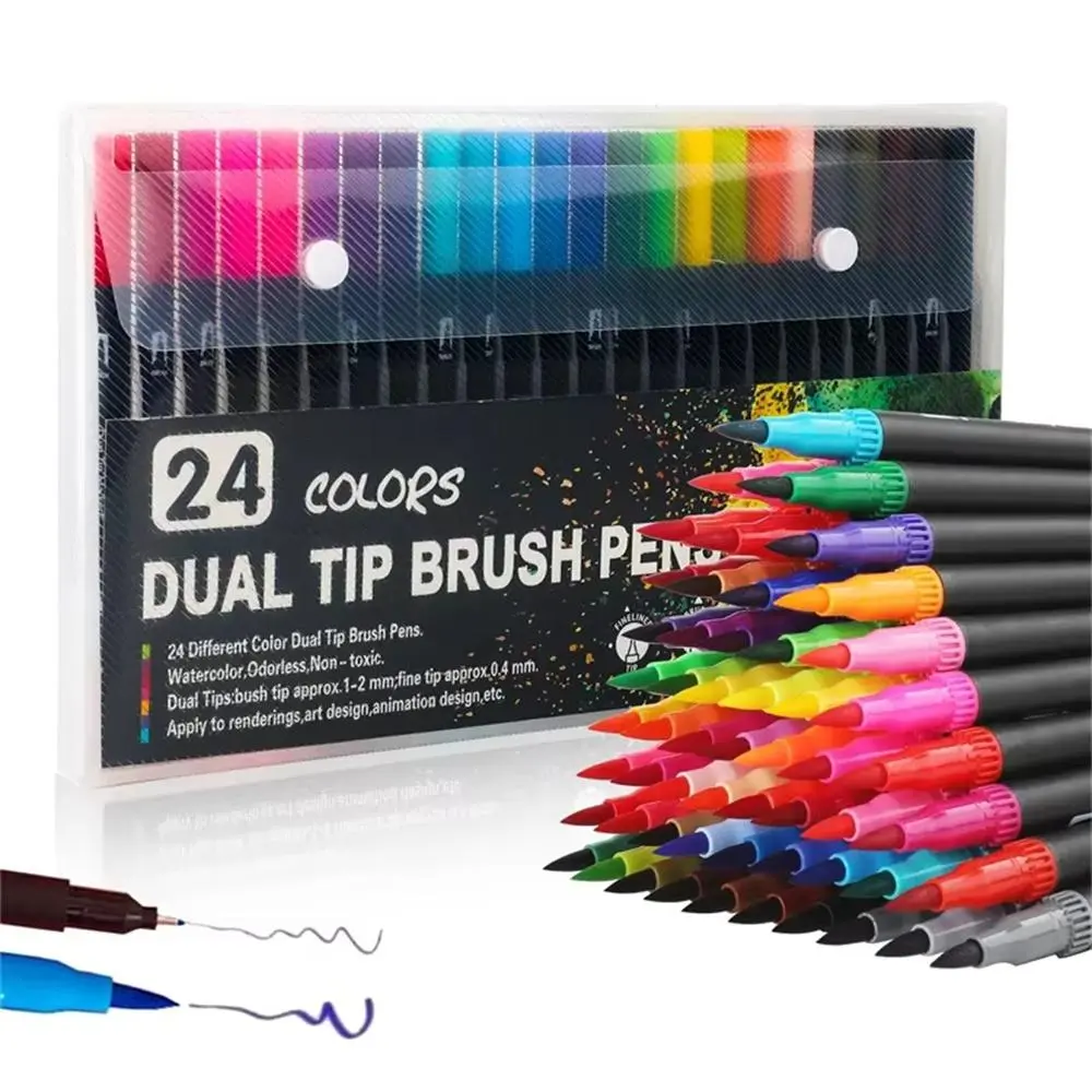 24 Colors Dual Tip Brush Pen, 24pcs/set Double-ended Colored Marker Pen, Art Marker Pen for Drawing, Sketching, Calligraphy, Painting, Dual Brush Pens, Drawing Art Supplies
