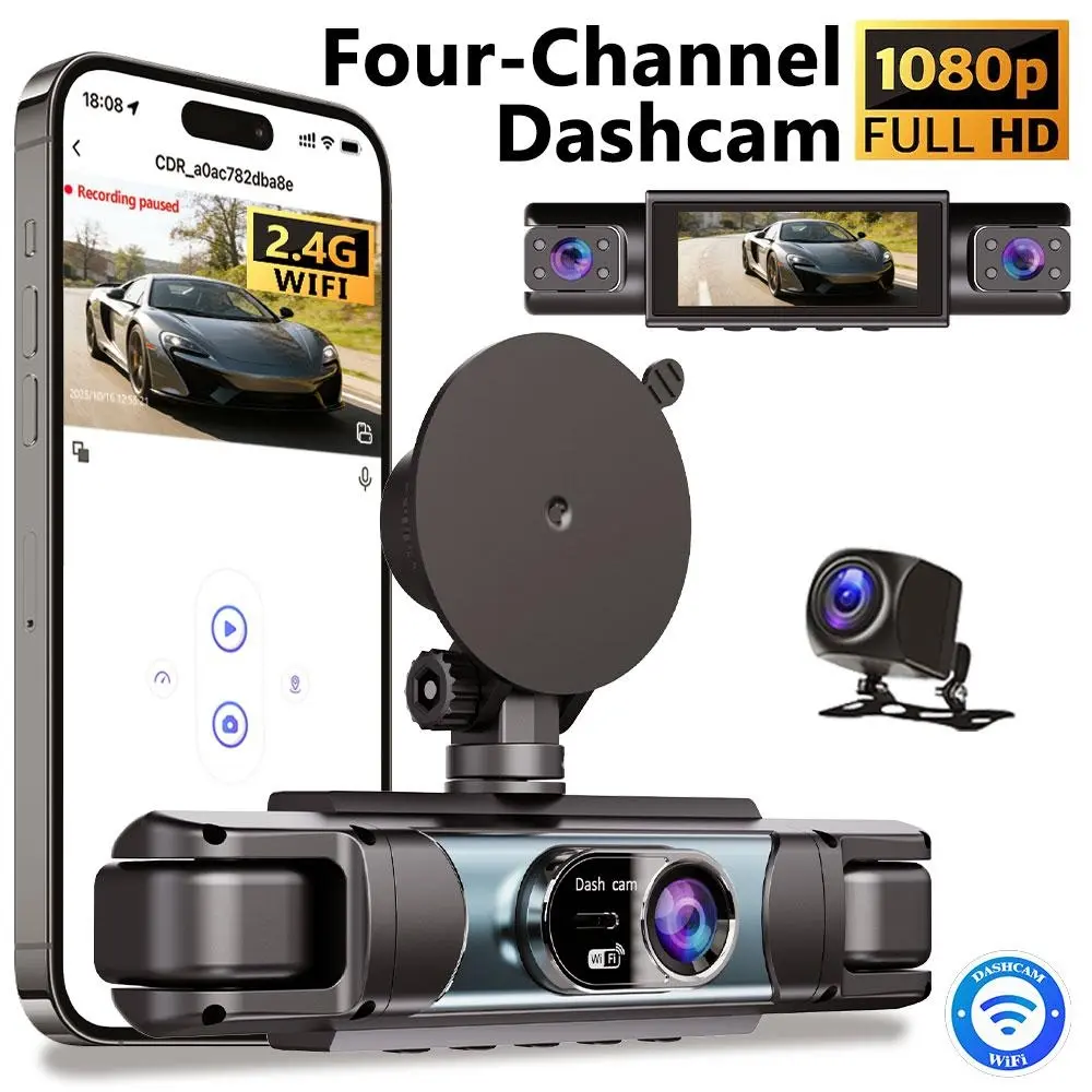 【LensMile】360° Surround View 4 Channel Dash Cam , 1080P FHD , 3.18" IPS Display, Built-in 2.4GHz WiFi App Control, WDR, Loop Recording, Reverse Assist, 4 Lens Front Rear Inside Left Right Car Driving Recorder, Car Security Camera-YY