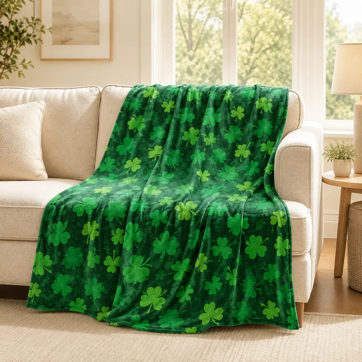 Green Shamrock Print Flannel Throw Blanket, Super Soft Lightweight Lucky Clover Fleece Blanket for Adults & Kids, Cozy St. Patrick’s Day Blanket for Bed Couch Chair Gift