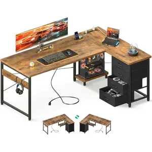 ODK 61'' L Shaped Desk with 4 Drawers, Reversible Corner Desk with Storage, Gaming Table with Power Outlets, USB Ports, Computer Desk for Home Office, Study, Easy Assembly, Vintage Brown