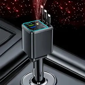 Retractable Car Charger with Starlight Type C Car Charger Adapter 7 in 1 Car Phone Charger Star Top Light 3 Type C Retractable Cables Fast Charging Support Voltage Detection USB Car Charger Retractable Automotive Charger