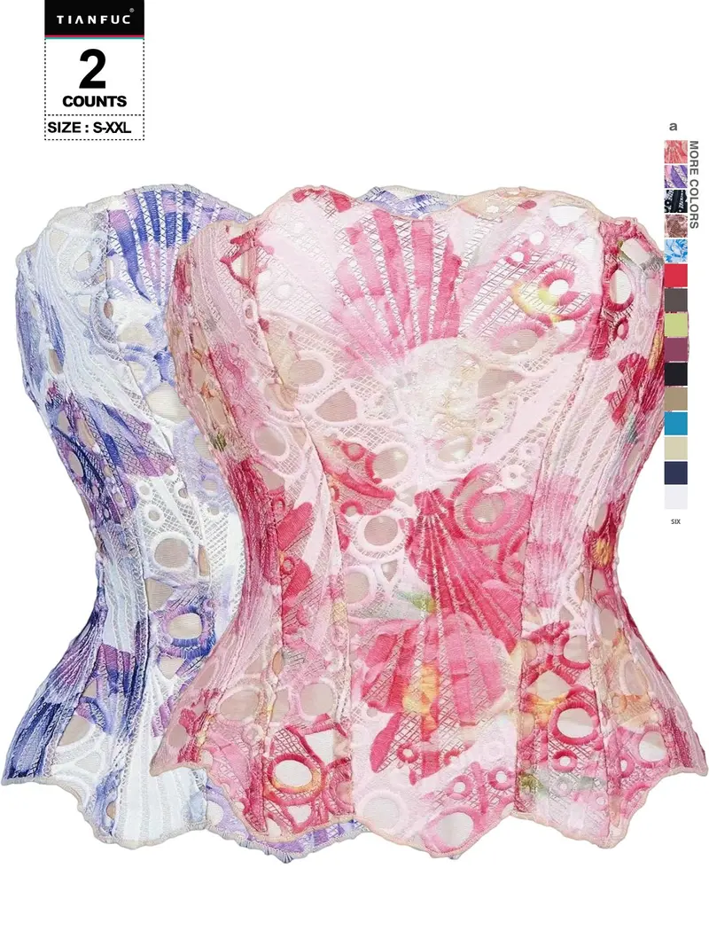 TIANFUC Women's Random Pattern Lace Up Shapewear Tube Top, Elegant Contrast Lace Corset Top, Tummy Control Shapewear for Women, Compression