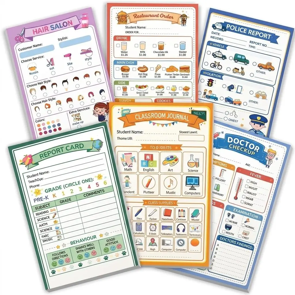 Kids Pretend PlayTime Notepads - 6 Pack Kids Play Notes - 40 Pages Each of Restaurant, Doctor, Boarding Pass, Report Card, Classroom and Police Pad for Imaginative Role play playtime note pads