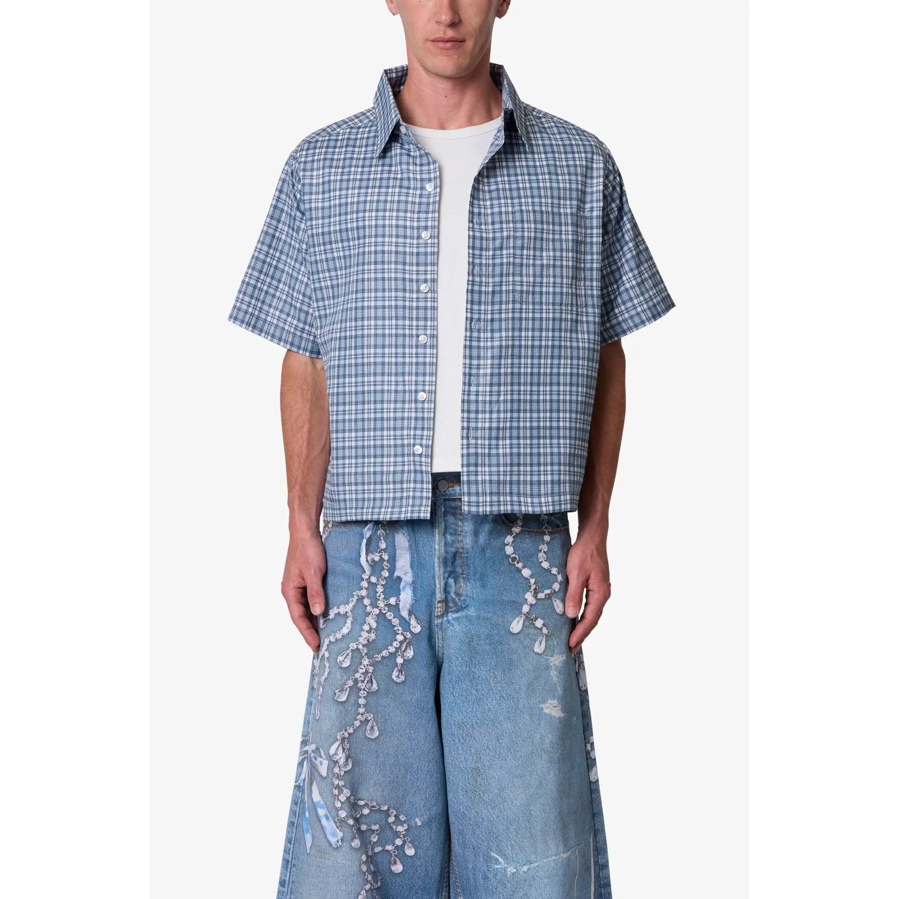 mnml Plaid Poplin Cropped S/S Shirt - Blue