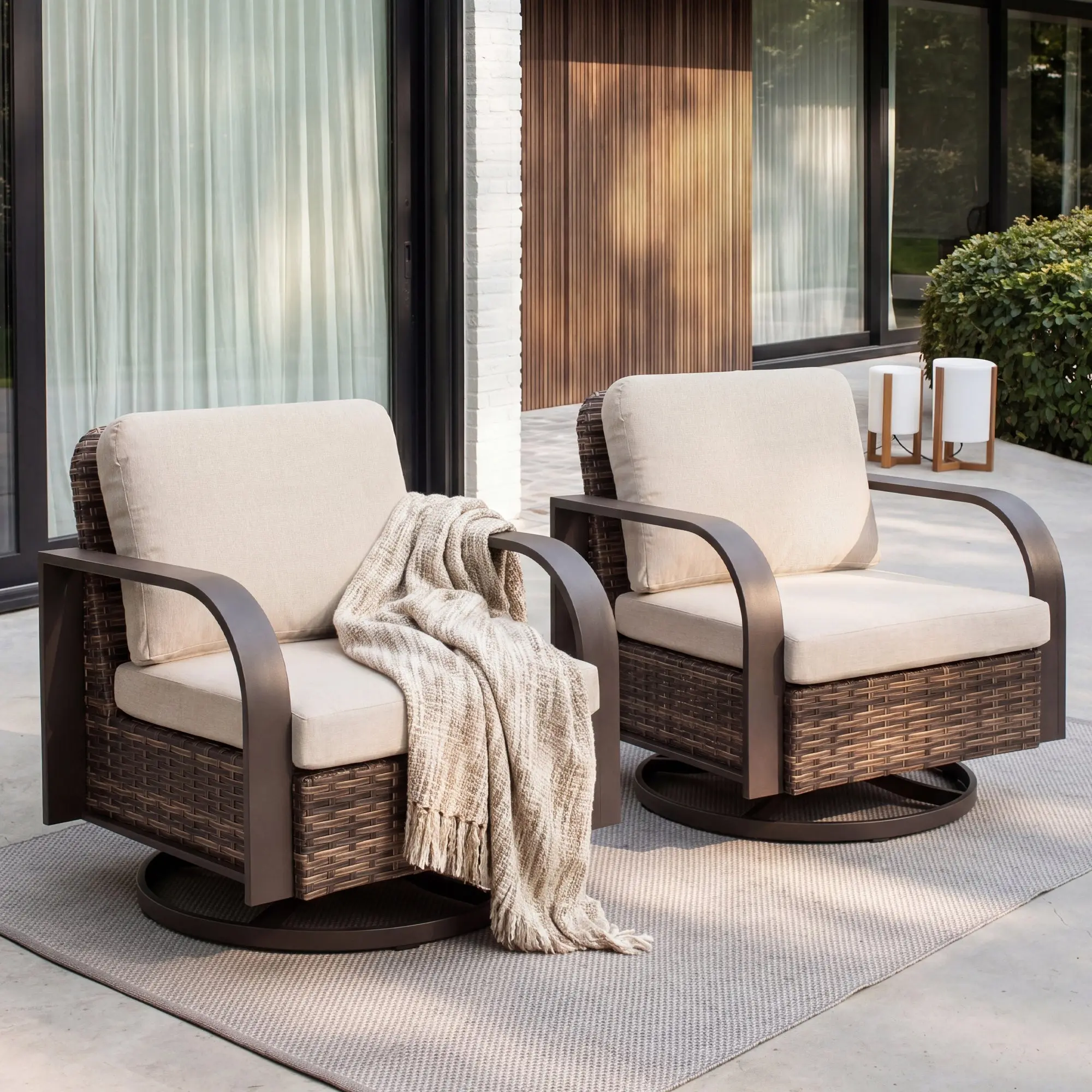 Handwoven Wicker Metal Swivel Patio Sofa with Cushion and Pillow