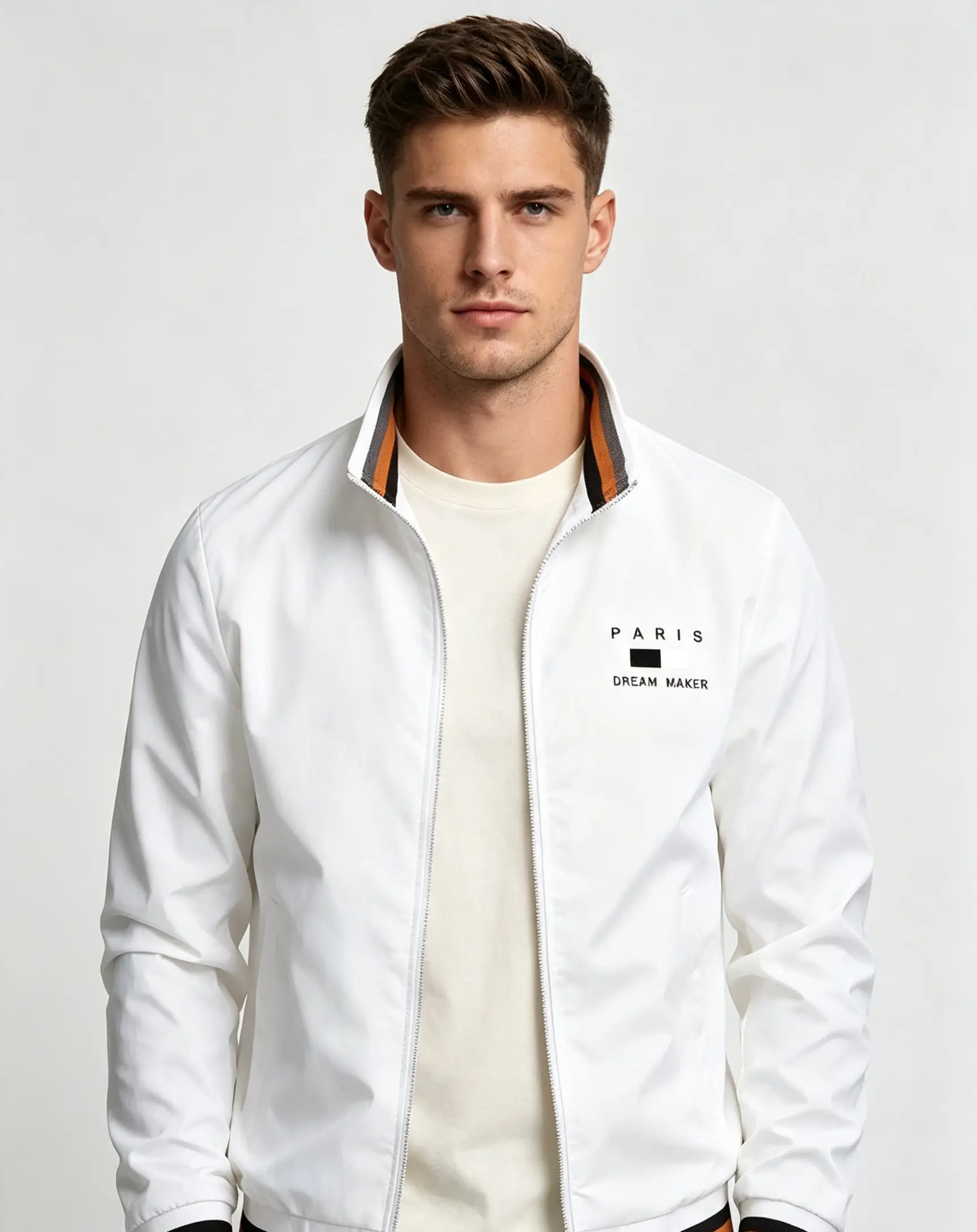 Men's Oversized Varsity Bomber Jacket - Long Sleeve Polyester Tops, Stand Collar Zipper, Washed Look, Designer Street Style Casual Outerwear for Spring & Autumn