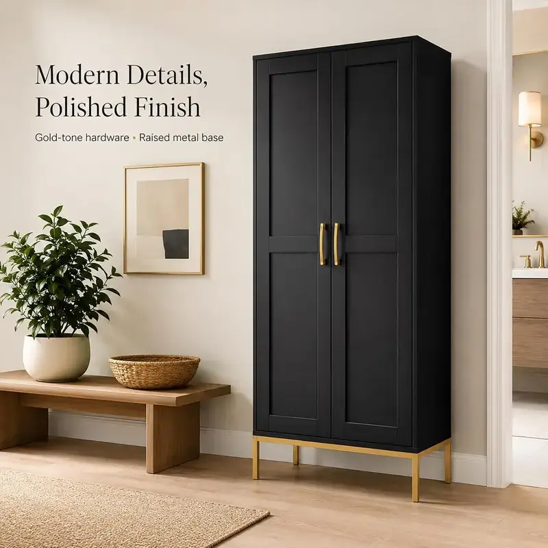 Modern Polished White Tall Linen Cabinet - Gold Tone Hardware, Raised Metal Base, Freestanding Adjustable Shelf Single Unit Free Standing Closet for Bathroom, Laundry Room Home Organizer