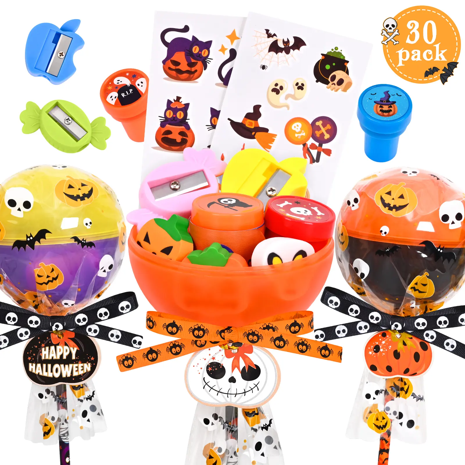 30 Pack Trick or Treat Light-Up Halloween Lollipop Stationery Gift Set with Cards - Kids Halloween Gifts, Classroom Exchange Party Favors