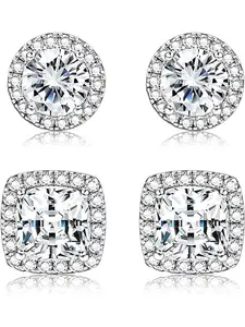 2 Pairs 925 Sterling Silver Mens Earrings Cubic Zirconia Halo Stud Earrings for Men 18K Gold Plated Heart/Round/Square Cut CZ Stud Earrings Set for Women Men