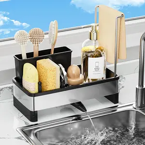 Sponge Holder for Kitchen Sink,Sink  Organizer with Removable Brush Holder,Kitchen Countertop Soap Dispenser Storage with Detachable Towel Rack,Black