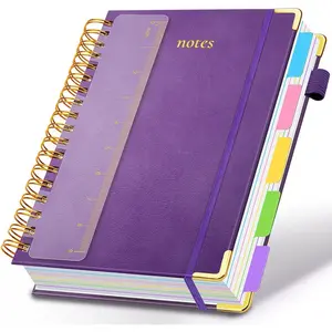 Hardcover Spiral Notebook 8"x10" Journal Notebook with Tabs and Removable Dividers 300 Pages 5 Subject Notebook College Ruled, Faux Leather Spiral Bound Notebook for Women School Work (Purple)