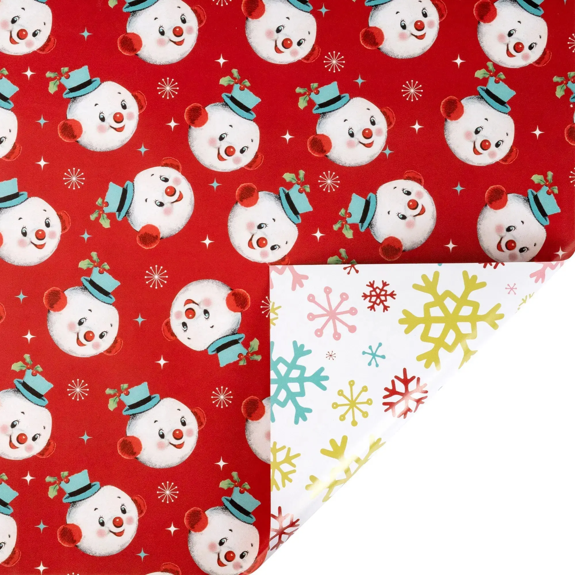 Reversible Christmas Gift Wrapping Paper, 30" x 10' Holiday Design - Vintage Snowman Faces, Vintage Snowflakes, Reversible Christmas Wrapping Paper