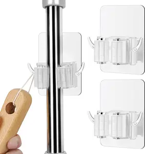 Broom Holder Wall Mount -2 Pack Adhesive Mop and Broom Holder Wall Mount with Hooks Design, Broom Organizer Wall Mount, Broom Hanger and Mop Organizer