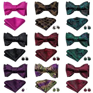 Hi-Tie Red Black Purple Paisley Mens Bow Tie Hanky Cufflinks Set Self-tied Butterfly Knot Bowtie for Male Wedding Business