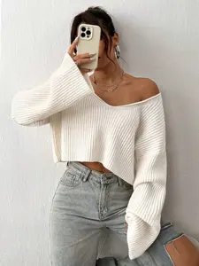 Casual Style Solid Color V Neck Drop Shoulder Crop Ribbed Knit Sweater