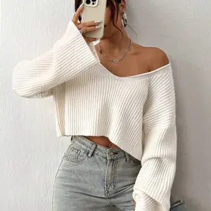 Casual Solid Color V Neck Drop Shoulder Crop Ribbed Knit Sweater
