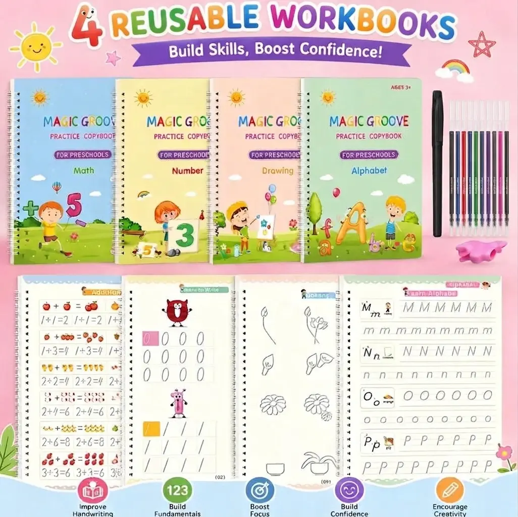 Kids' Magic Ink Reusable Grooved Handwriting Practice Books Set - 4 Interactive Language School Supplies for Homeschool, Includes Cartoon Pen, Pen Holding Aid, 10 Refills, Art for Kids Essentials