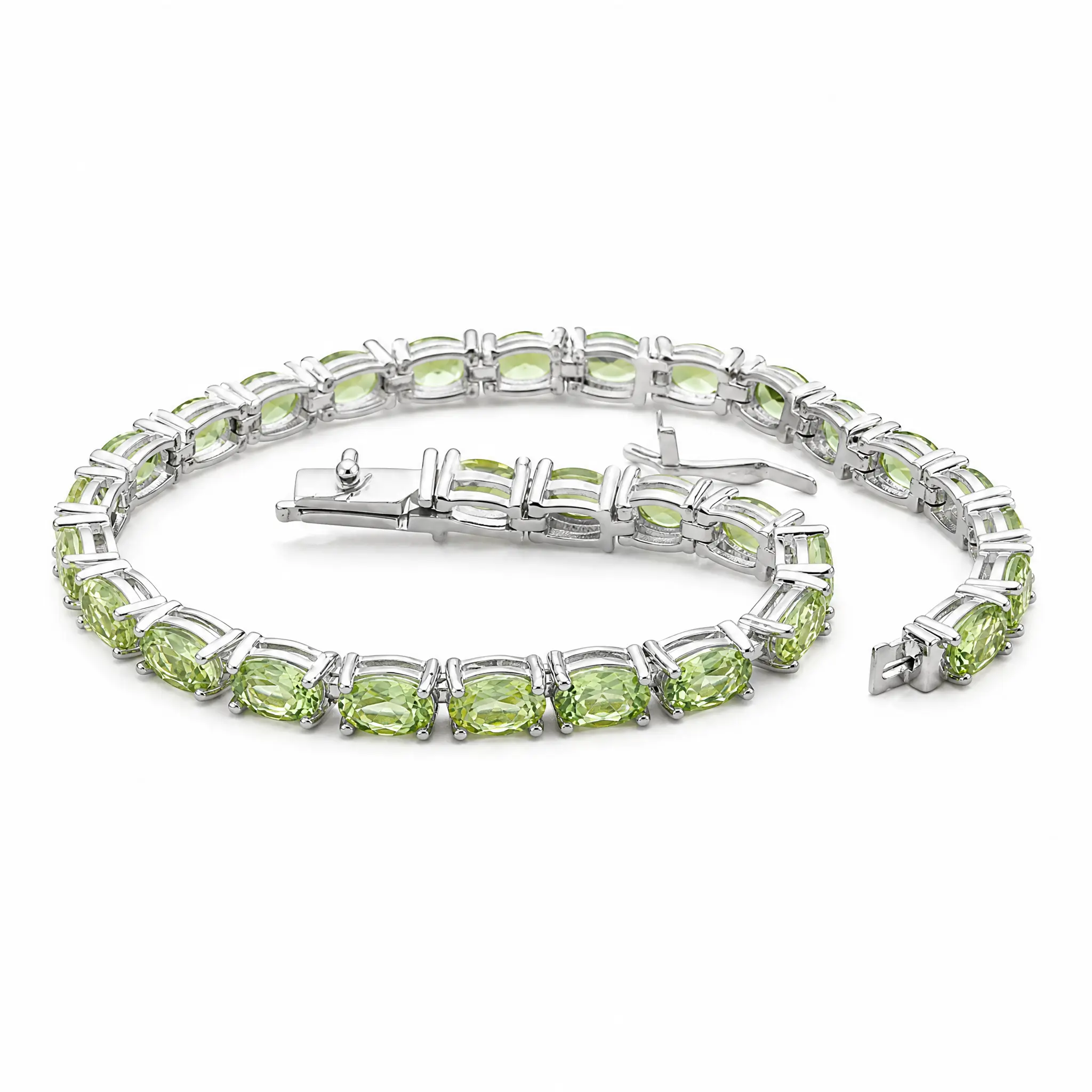 Unisex Elegant Peridot Crystal Bracelet - Silver-Tone Chain, 18 Stones, Polished Finish, Balanced Design, Even Spacing, Daily Wear Costume Jewelry Accessory for Easy Outfit Pairing