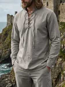 Men's Medieval Bow Tie Linen Shirt, Long Sleeve Stand Collar Renaissance Top, Lightweight Breathable Pirate Viking Style, Role Play & Daily Wear, Casual