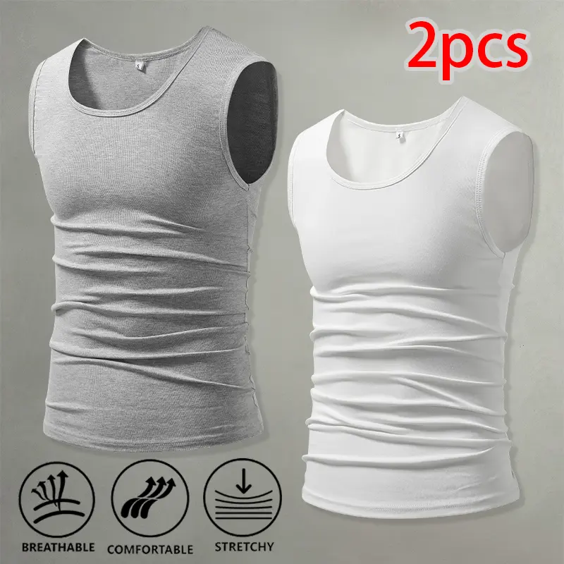 Solid color slim-fit stretchy sleeveless tank top two-piece set; suitable for layering or wearing alone; comfortable for home and travel as a base layer.