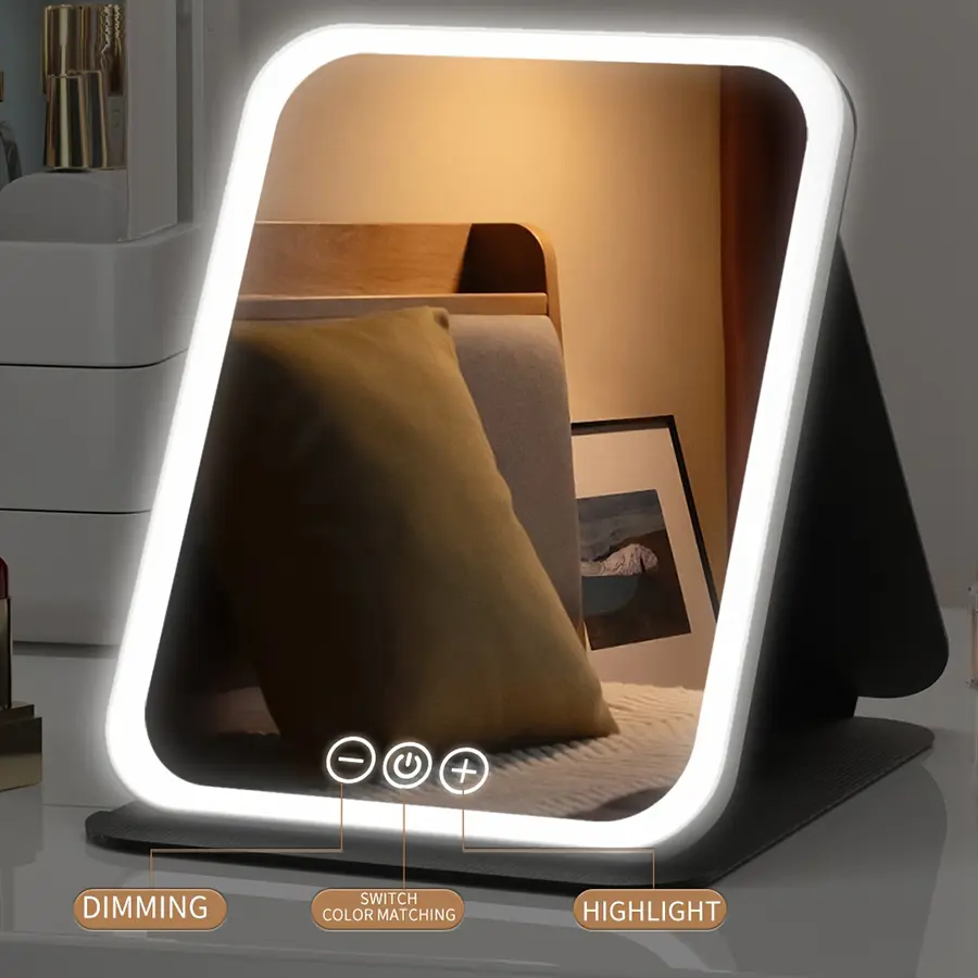 Makeup Mirror with Lights, USB Rechargeable Vanity Mirror with Stand, 3 Color LED Lighting Dimmable Brightness Adjustable Angle Compact Mirror, Foldable Cosmetic Mirror, Portable Travel Makeup Mirror, Birthday Anniversary Gift for Women