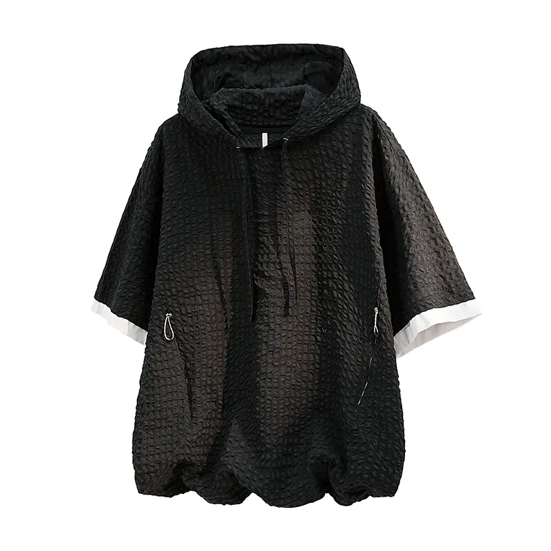 New summer textured patchwork men’s hooded breathable T-shirt—trendy cool casual loose-fit top with a versatile, stylish minimalist design. #Summervibes, #SummerWins, #fathersdaygift