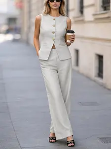 Women Elegant Womenswear 2 Piece Outfit Suits Sleeveless Button Vest Top & High Waist Wide Leg Pants Set, Minimalist Old Money Style Matching Set for Office Work, Business Casual, Vacation, Brunch, Street Style Chic Summer Outfit