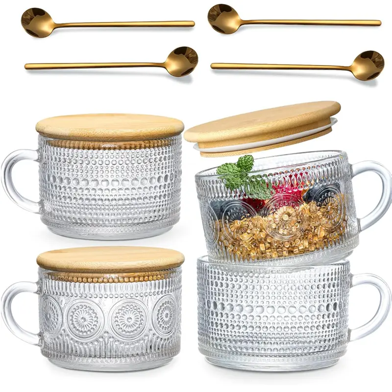 2/4 Count Set Vintage Coffee Mugs, OvernightOats Containers with Bamboo Lids and Spoons-14oz Clear Embossed Glass Cups, CuteCoffee Bar Accessories, lced Coffee GlassesDrinkware Tumbler, Stylish Coffee Mugs, Coffee Cups Sets, Beverage Mug