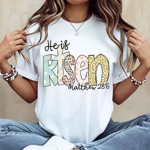 Women's Casual T-Shirt White He is Risen Matthew 28:6 Christian Easter Spring Summer Clothing