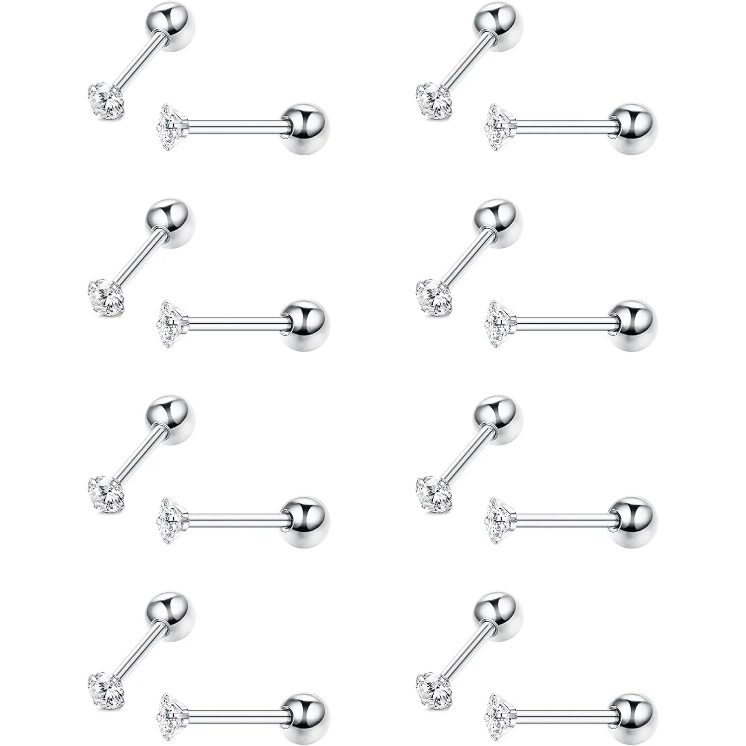 Milacolato Female 8-Pair 18G Geometric Cut CZ Stainless Steel Tiny Cartilage Stud Earrings - Cubic Zirconia Jewelry, Flat Back Screw Posts, 2MM CZ, Christmas Valentine Everyday Use, Flat Back Earrings, Tiny Stud Earrings