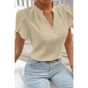 Beige Silky Notched Neckline Petal Sleeve Blouse