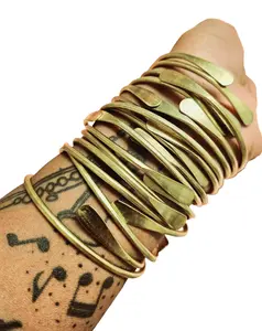 GODDESS Brass Bracelets Boho Statement Bangles Stackable Daily 3 or 5 Piece Set with Free Beaded Bracelets Included Ethnic Style Unisex Jewelry