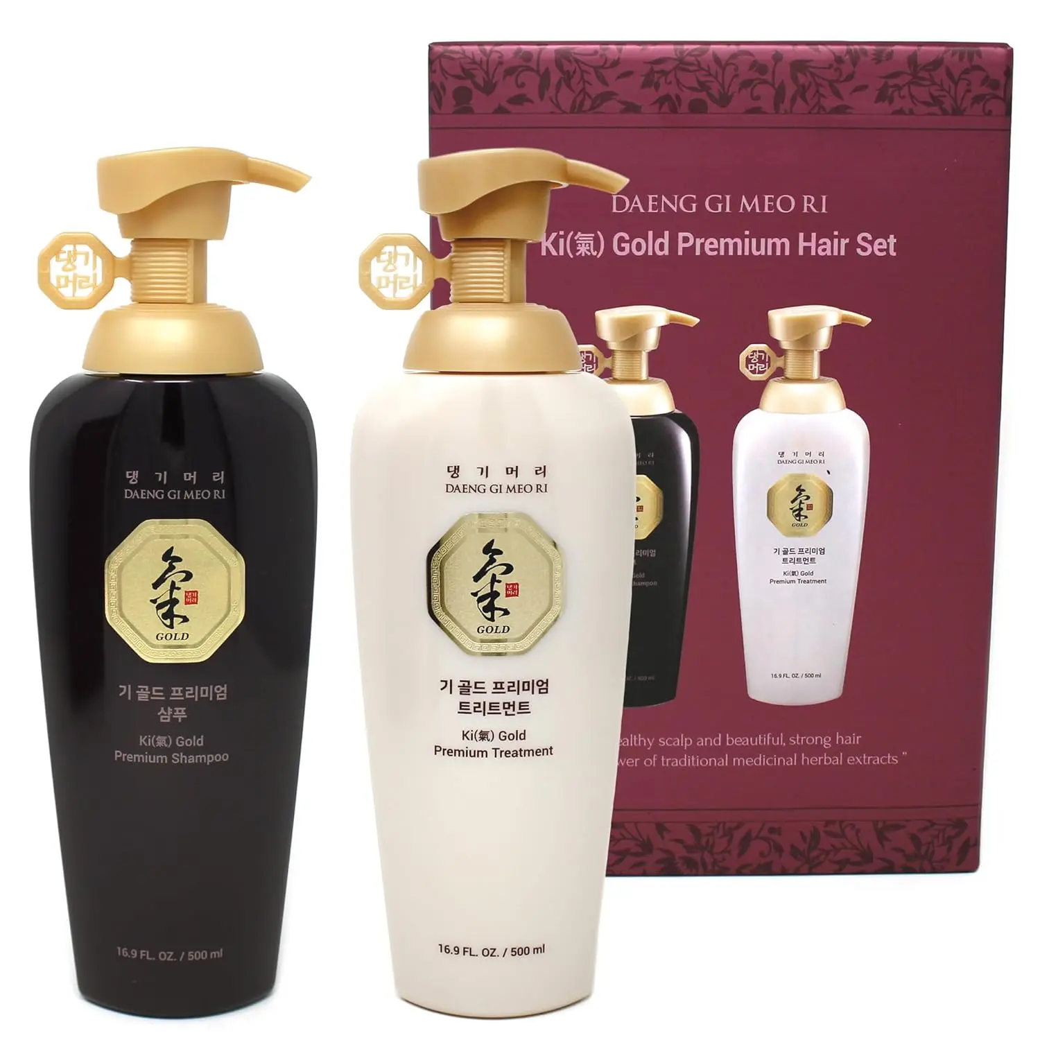 Daeng Gi Meo Ri Ki Gold Premium Moisturizing Shampoo & Conditioner Pack - Korean Ginseng, Traditional Herbal, Moisturizer, Hydrating, Non-Toxic, Paraben-Free for Dry Rough Hair, 2x500g Luxury Haircare Set